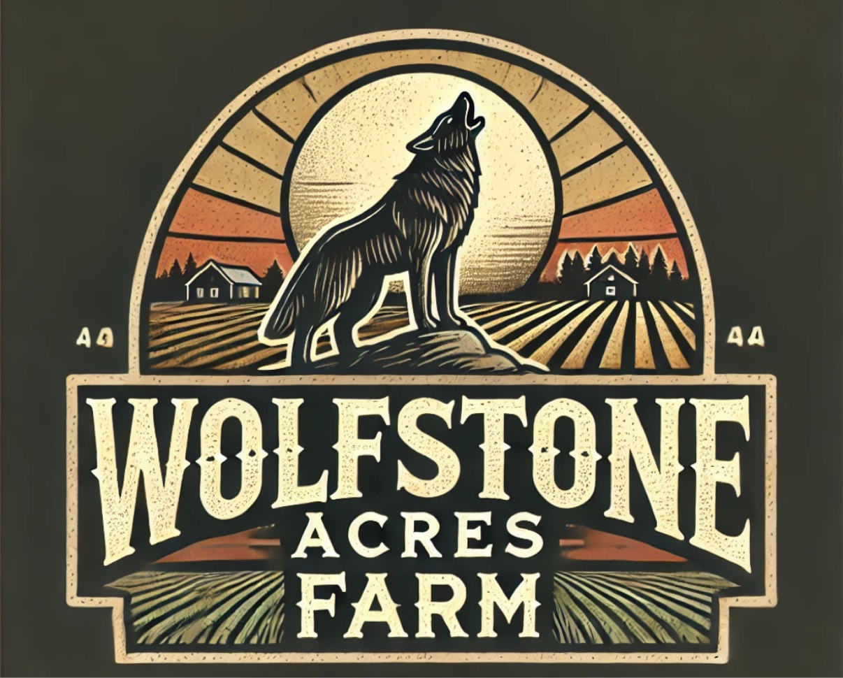 Wolfstone Acres Farm emblem — a wolf howling over plowed fields at sunrise