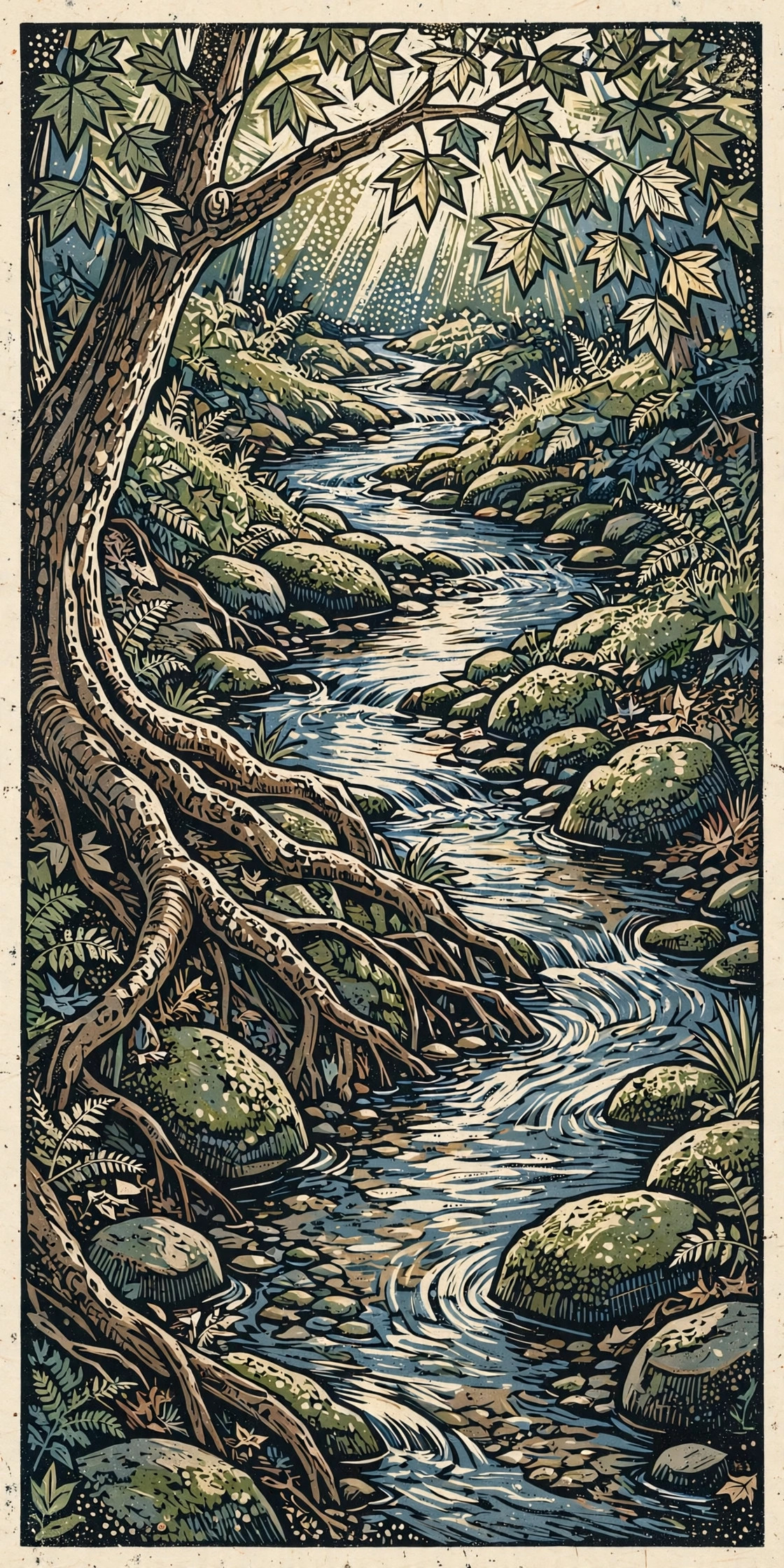 The creek at Wolfstone Acres Farm, running clear between mossy stones and hardwood roots