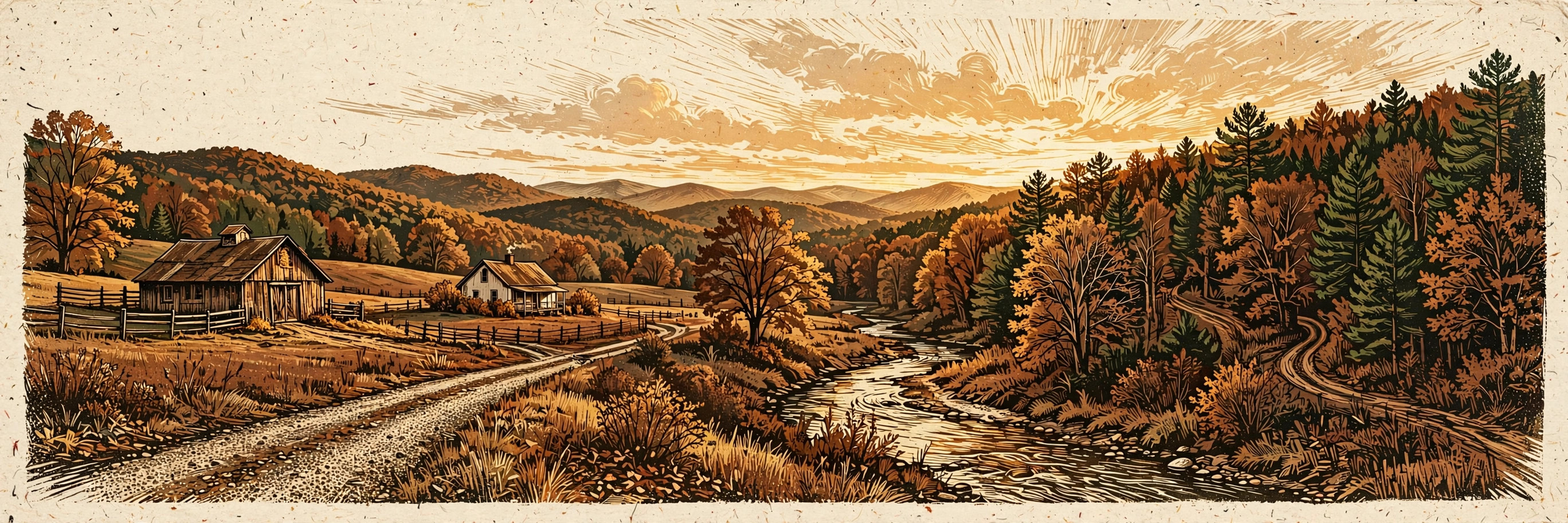 Illustrated view across Wolfstone Acres Farm — barn, farmhouse, pasture, creek and wooded hills at sunset