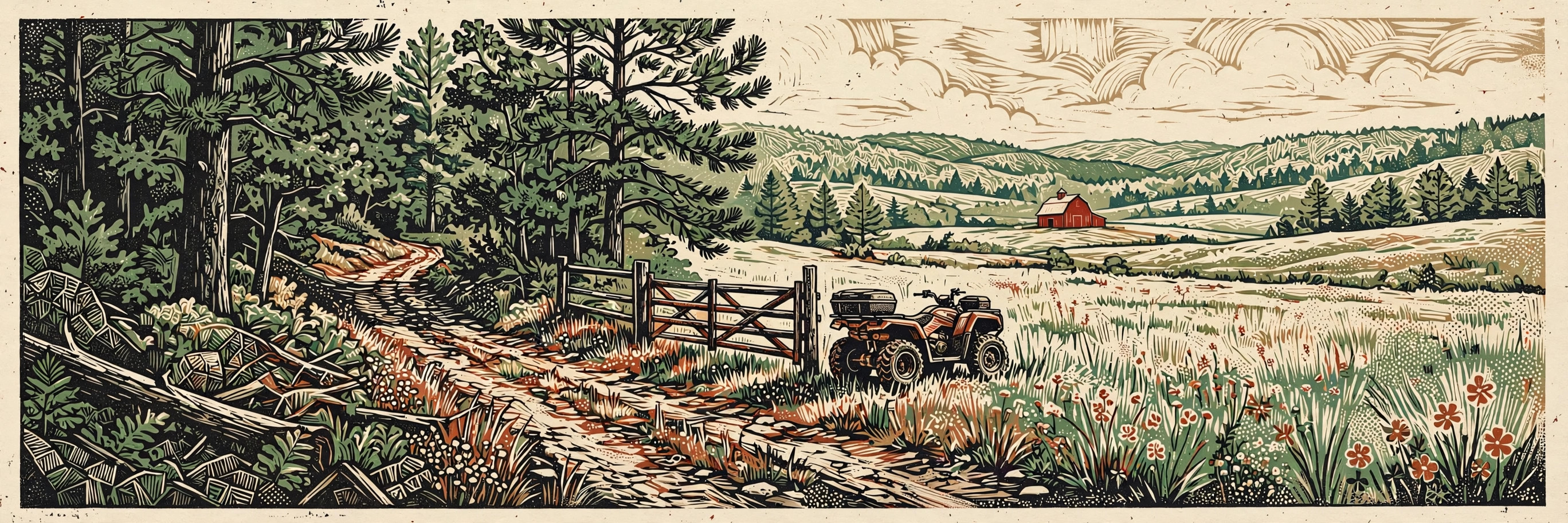 A designated trail at Wolfstone Acres Farm passing a timber gate, wildflower pasture and the red barn